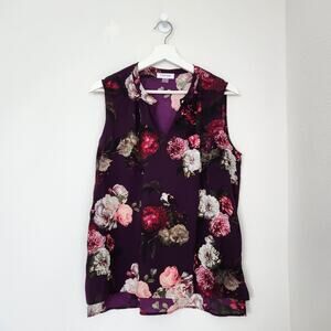 Calvin Klein Purple Rose Floral Sleeveless Keyhole Shell Career Blouse Top M